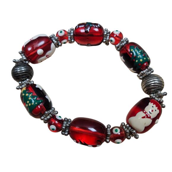 Vintage Lamp Work Glass Bead Stretch Bracelet Christmas Motif Holiday Anklet - Picture 1 of 6